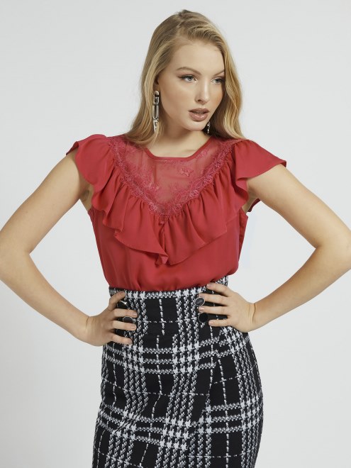 Guess Top De Satén Rosa Con Volantes