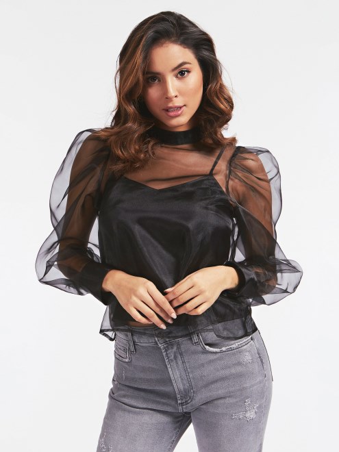 Guess Blusa Transparente Con Mangas Globo Negras