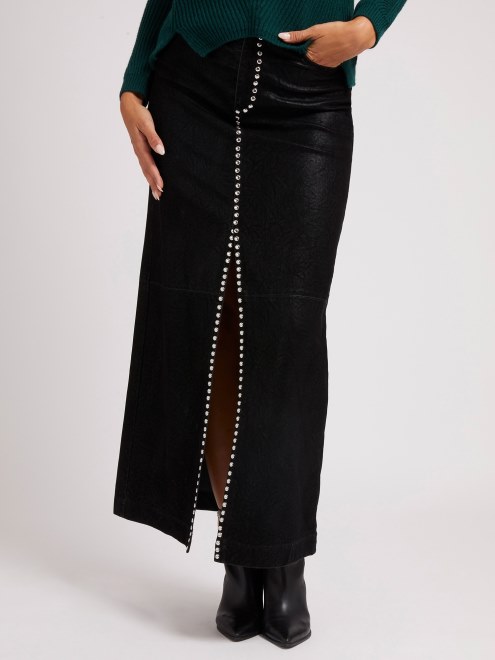 Falda De Piel Sintetica Con Tachuelas Negras De Guess
