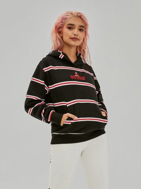 Sudadera Con Capucha Guess Negra Con Estampado De Rayas Múltiples