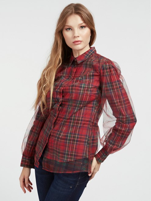 Guess Camisa De Algodon Con Inserto De Malla Roja