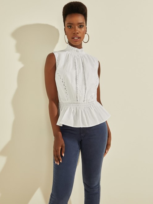 Top De Algodon Bordado Blanco Guess