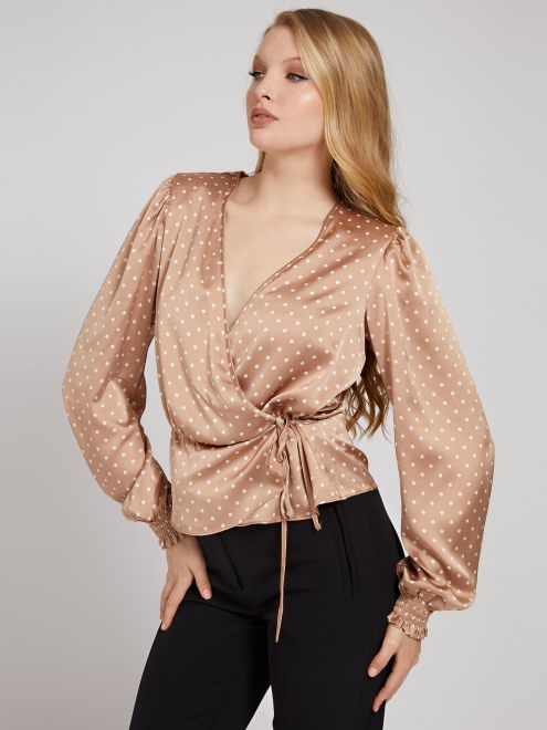Blusa De Raso Con Estampado De Puntos Guess Beige