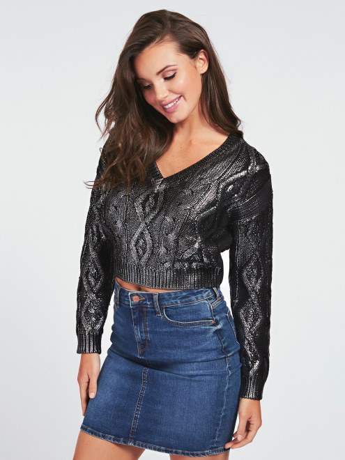 Suéter Negro Con Trenzas Cropped Guess