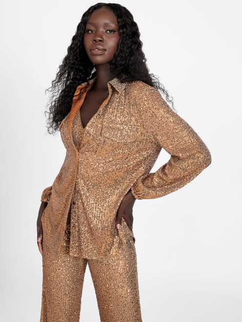 Camisa Abotonada Con Lentejuelas Sabine De Guess Brown Leaf