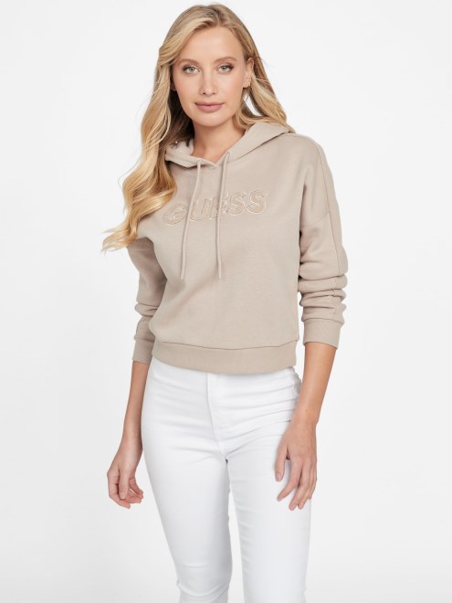 Sudadera Con Capucha Guess Safiya Logo Terciopelo Topo