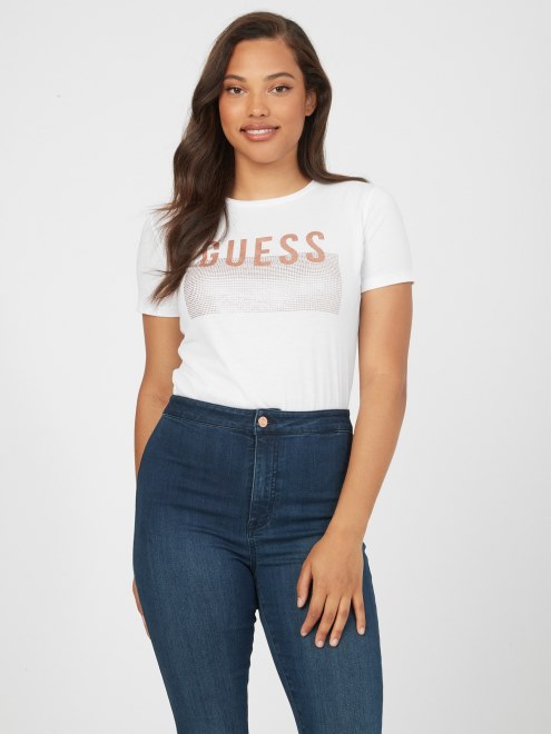 Camiseta Con El Logo De Diamantes De Imitación De Lisey Guess Blanco Puro