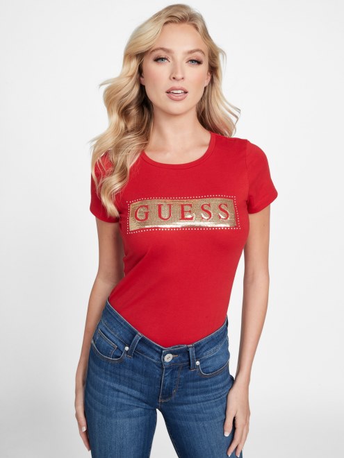 Camiseta Con Lentejuelas De Acero Y Diamantes De Imitación Guess Rugby Red