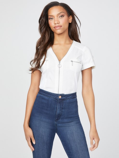 Top Blanco Puro Con Cremallera Guess Raya