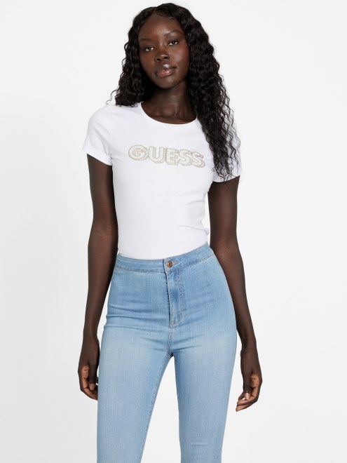 Camiseta De Perla Con Logo Eco Fran En Blanco Puro De Guess