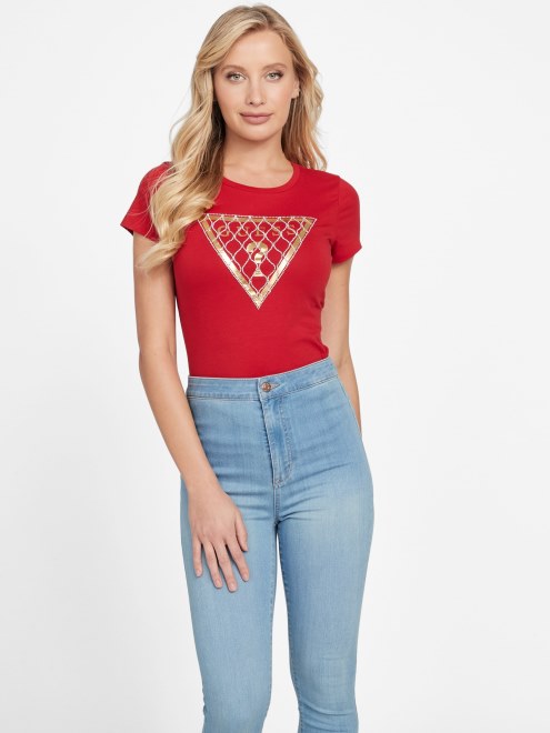 Camiseta Con Logo De Malla De Estrás Rojo Guess Rugby