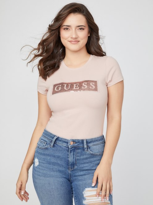 Camiseta Con Lentejuelas Y Diamantes De Imitación De Acero Guess Rosa Brillante