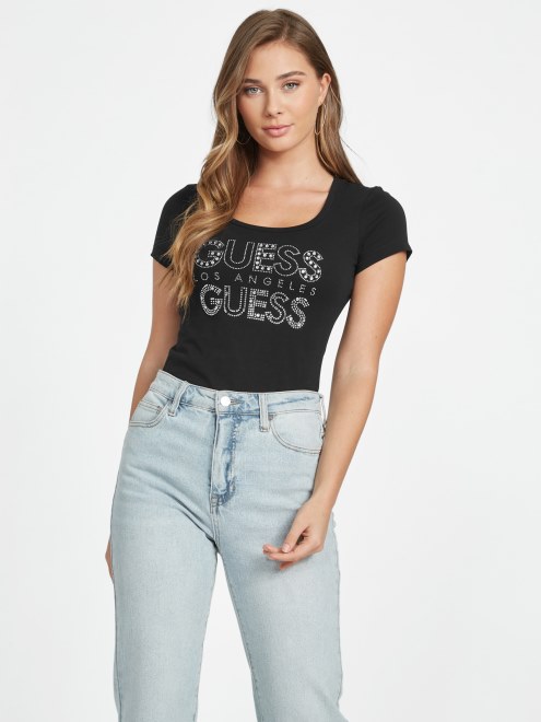 Camiseta Con Logo De Estrás Y Eco Kambrie En Negro Azabache De Guess