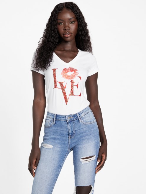 Camiseta Guess Eco Cece Love Con Cuello En V Blanco Puro