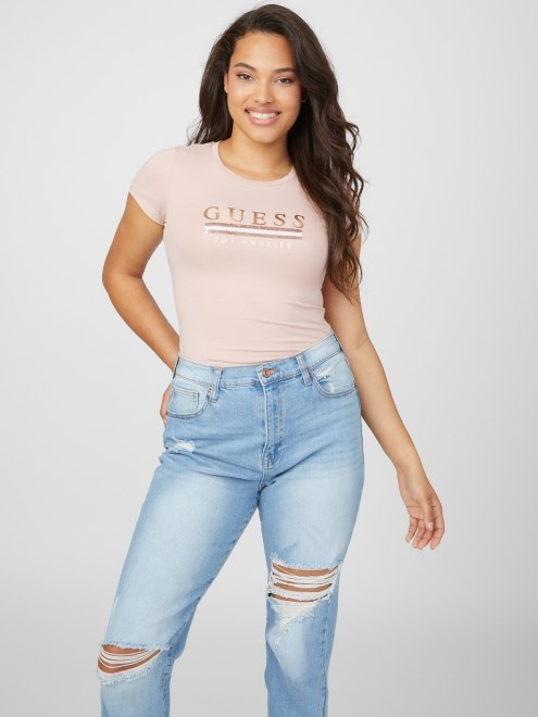Camiseta De Lentejuelas De Ley Esterlina De Guess Rosa Brillante