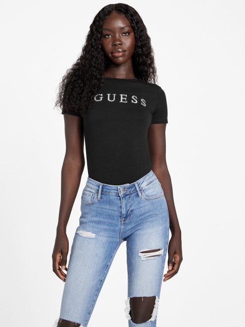 Camiseta En Negro Azabache Con El Logo De Strass De Guess Jill