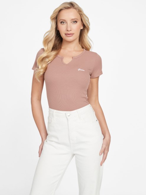 Camiseta Con Cuello En V Y Logo De Yara En Castaño Tostado De Guess