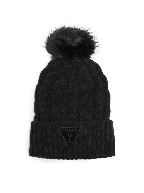 Gorro De Punto De Ochos Negro Con Pompon