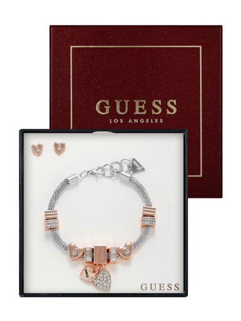 Guess Juego De Caja De Aretes Y Pulsera Con Dijes En Varios Tonos Plata