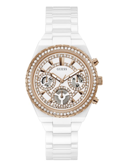 Reloj Multifunción En Tono Oro Rosa Y Cerámica Blanca Multi Guess