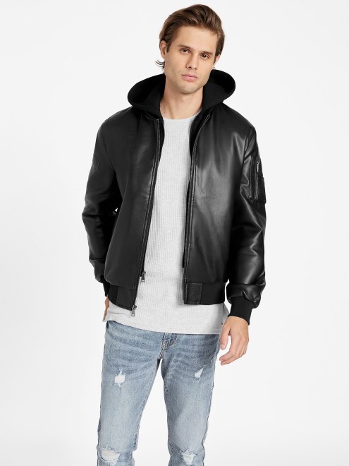 Guess Goss Chaqueta De Piel Sintetica Con Capucha Negro Azabache