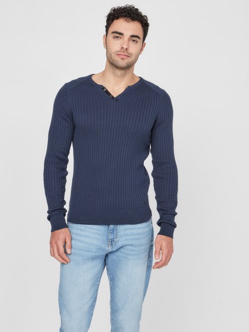 Camiseta De Sueter Con Abertura Azul De Seda Guess Sean