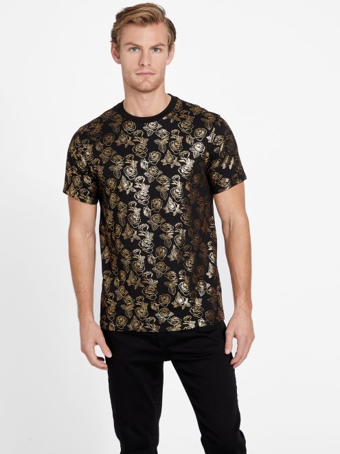 Camiseta De Cuello Redondo Con Rosa Polvorienta Negra Azabache