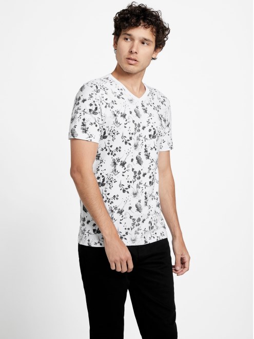 Camiseta Con Cuello En V Floral De Guess Lennard Blanco Puro