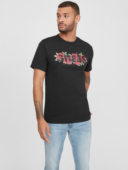 Camiseta Guess Eco Tolk Rosas Logo Negro Azabache
