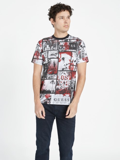 Camiseta De Cuello Redondo Con Collage De Ronan Múltiple En Negro Azabache De Guess