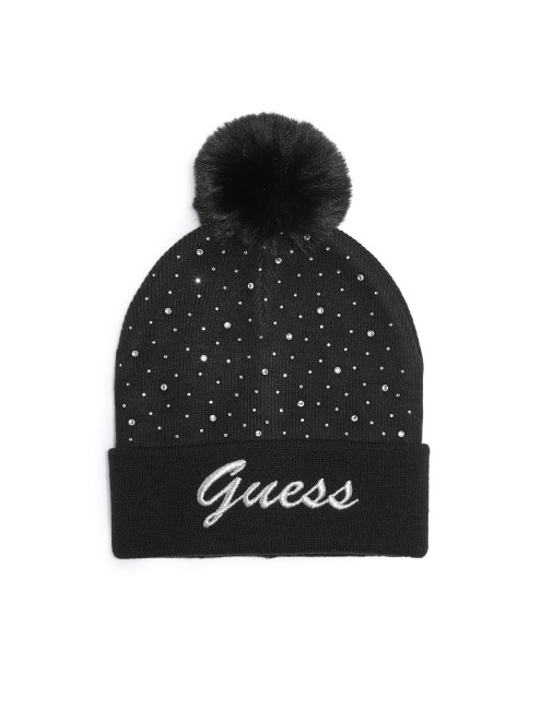 Gorro Guess Negro Con Pompon Y Logo De Pedrería