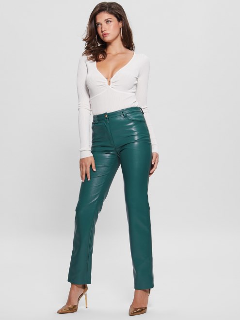 Guess Regal Pantalones Rectos De Piel Sintética Verde Azulado Multi Kelly