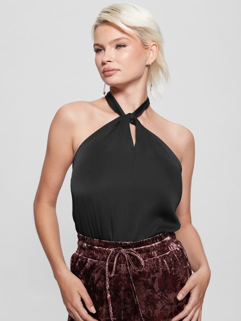 Body Con Cuello Halter Y Eco Jaspeado En Negro Azabache De Guess