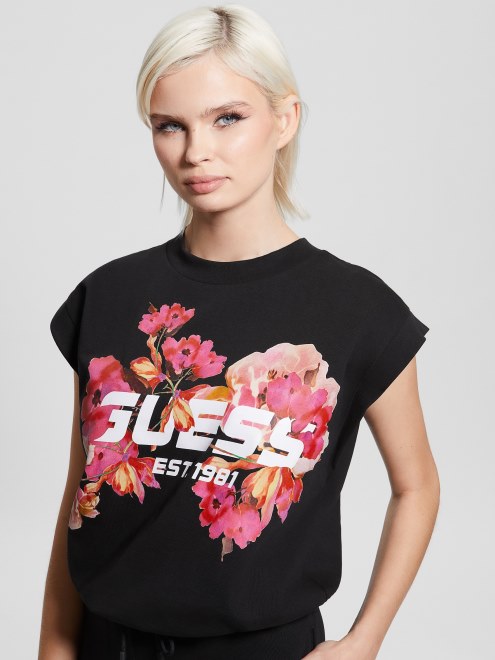 Camiseta Recortada Con Logo Floral De Corine Guess Negro Azabache