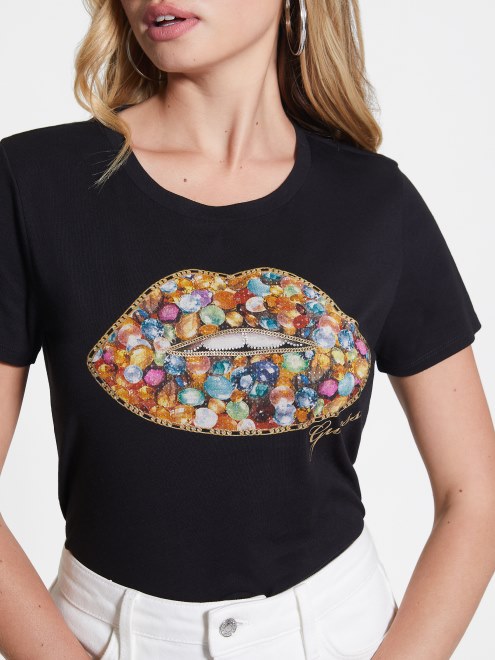 Camiseta Guess Jewel Labios Negro Azabache