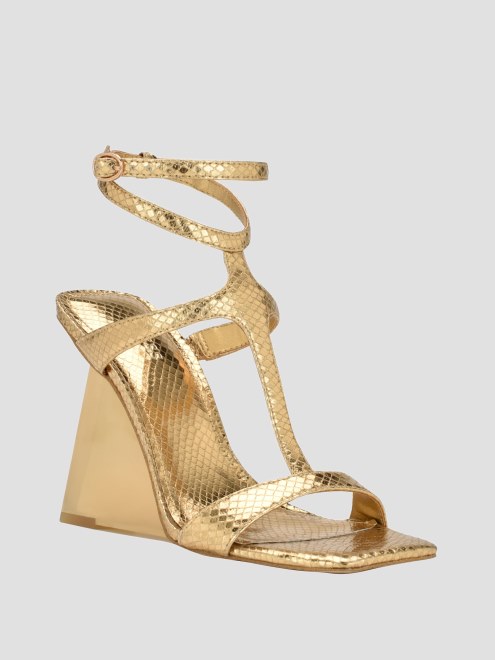 Guess Bacio Tacones De Cuña Con Correa En T Metalizados Dorado