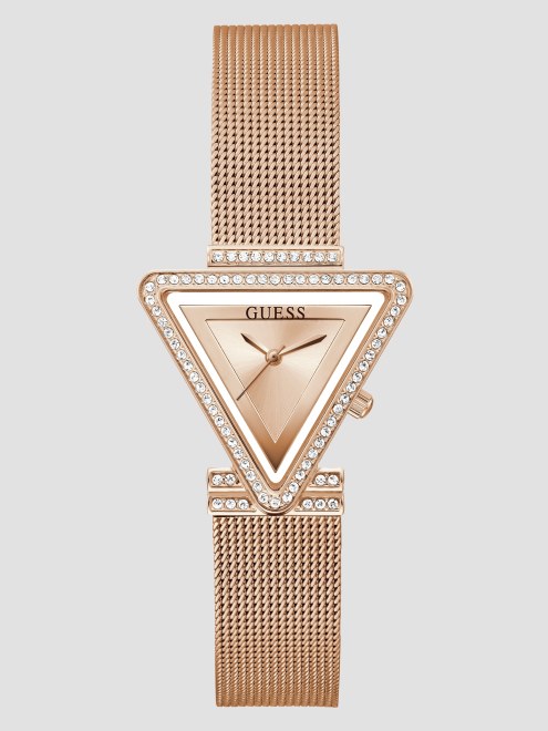 Reloj Analogico De Malla Triangular En Tono Oro Rosa Plateado De Guess