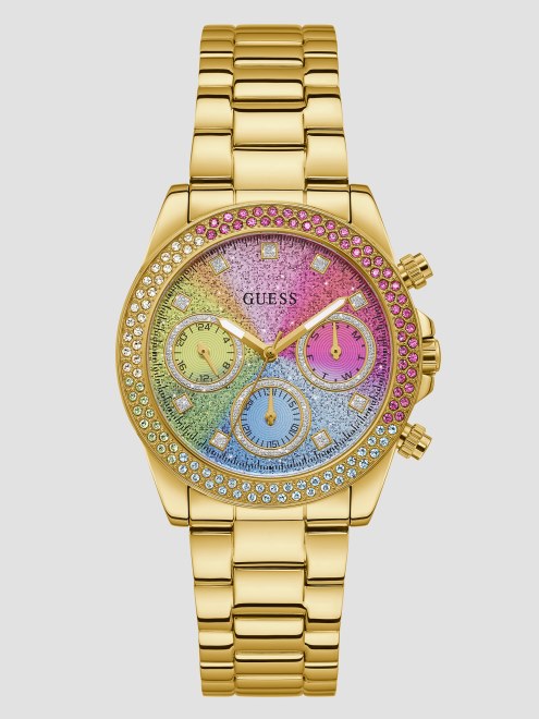 Reloj Multifunción Dorado Y Arcoiris Gold Guess