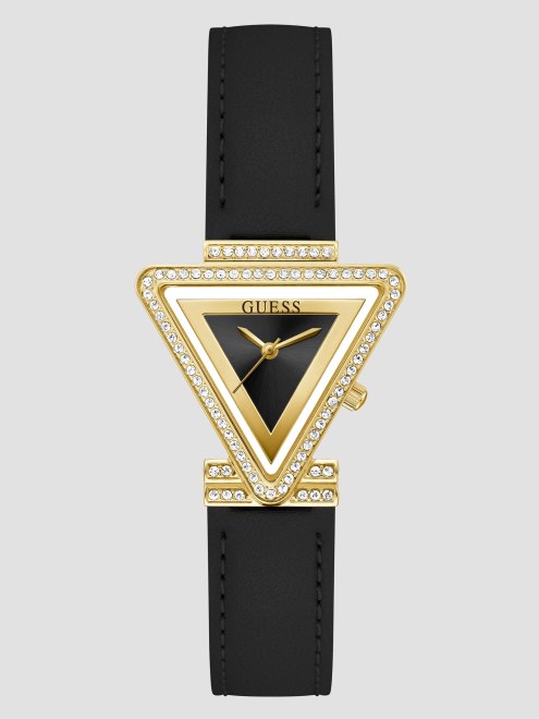 Triangulo Dorado Y Reloj Analogico De Cuero Negro Adivinar Negro