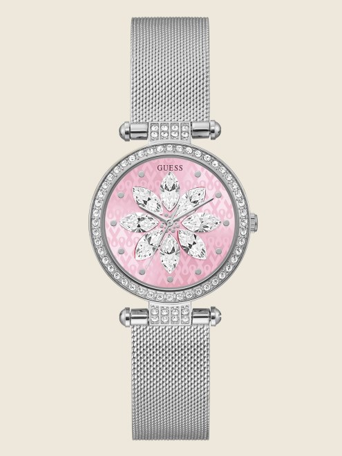 Reloj Analógico De Malla Plateada Rosa Brillante Plateada Adivinar