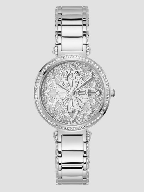 Reloj Analógico Con Aberturas Florales En Tono Plateado Silver Guess