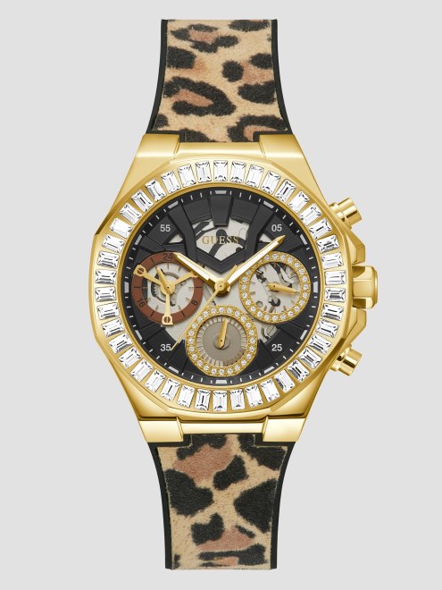 Reloj Multifunción De Silicona Dorado Y Estampado Animal Guess Multi