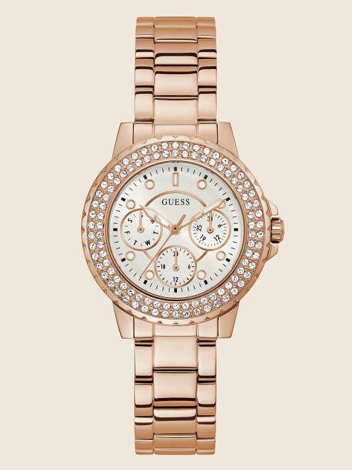Reloj Multifunción En Tono Oro Rosa Y Pedrería Multi Guess Nueva Tendencia