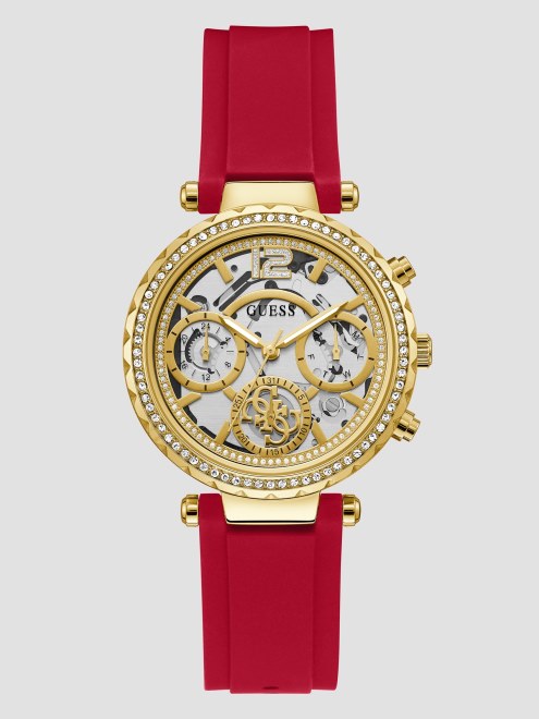 Reloj Multifunción Guess Dorado Y Rojo De Silicona Rojo