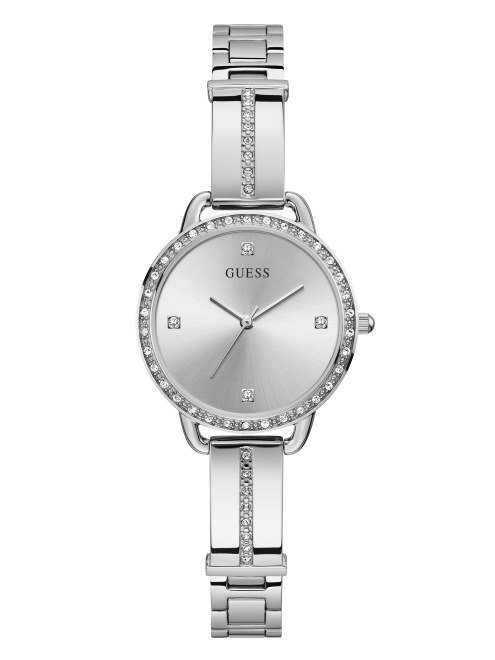 Reloj Analogico Con Cristales En Varios Tonos Plateados De Guess