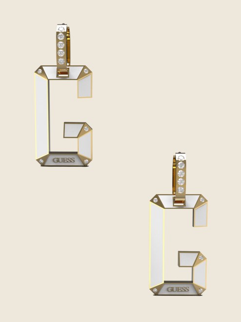 Aretes Tipo Argolla Con Logo G En Tono Plateado Y Blanco De Guess