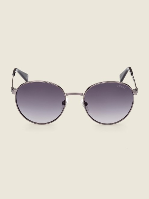 Guess Gunmtl W/blk Lthr Gafas De Sol Redondas De Metal
