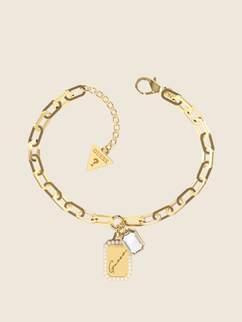 Pulsera Con Dije De Cristal Y Etiqueta Con El Logo En Tono Dorado De Guess Gold