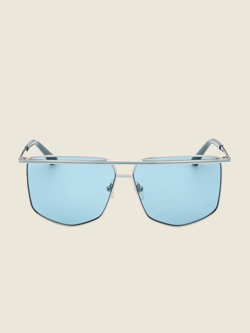 Guess Gafas De Sol Geometricas Con Barra Frontal De Metal Plateado Brillante/azul