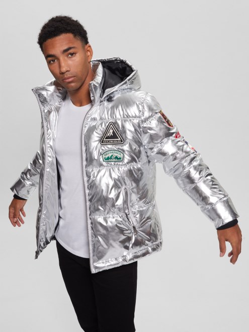 Guess Holiday Chaqueta Acolchada Plateada Con Parche ártico Metalizado